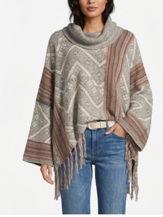 Free People Sweaters - Free People Beige Cream Patterned Cowl-Neck South West Poncho